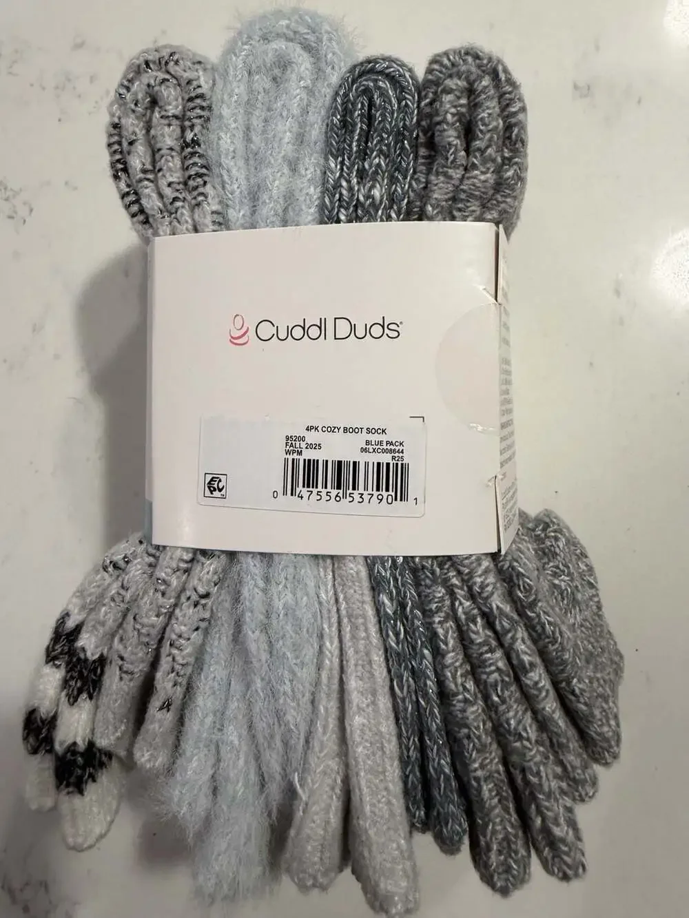 Cuddl Duds Women's 4-Pack Cozy Boot Socks, Plushfill, Crew, Blue Pack